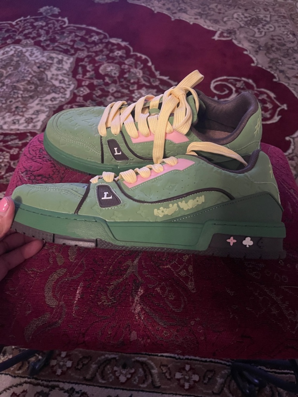 Louis Vuitton Green Pink Yellow Leather Sneakers Trainers Size 44 | 11 US - Picture 3 of 9